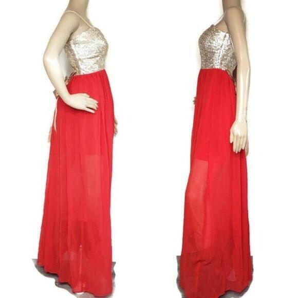 Jodi Kristopher Red & Gold Sequin Prom Ball Gown Size 7 Formal Evening Dress - Picture 2 of 5
